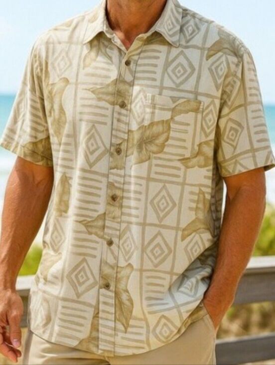 Pierre Cardin Other - Pierre Cardin Khaki Cream Hawaiian Shirt Size M Rayon Beachy Coastal*Flaws*